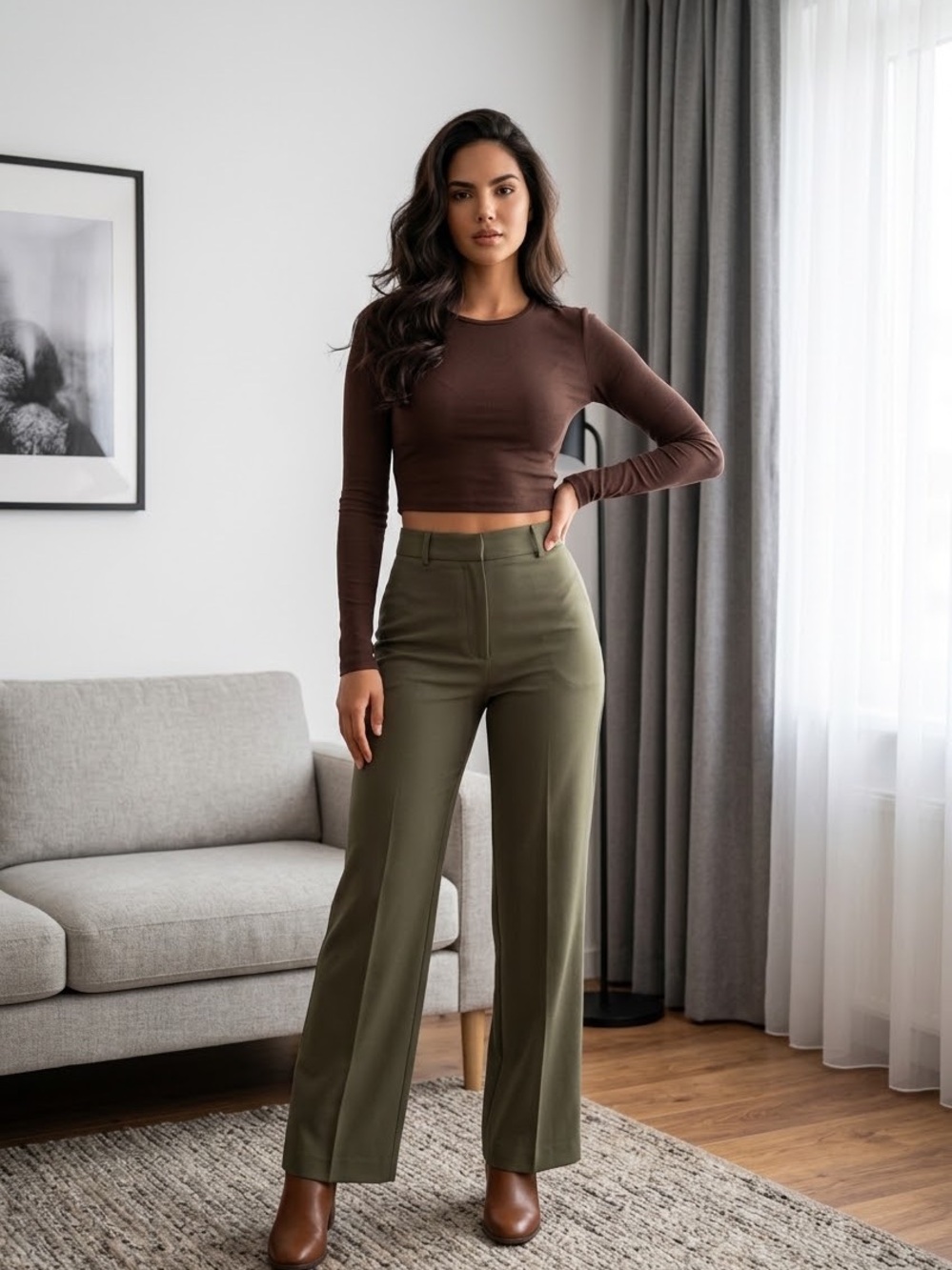 EUC Hashtag crop long sleeve top Sz Large. Color brown